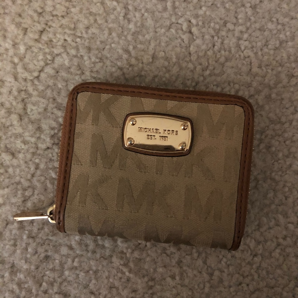 Michael Kors Beige and Brown Logo Zip Wallet